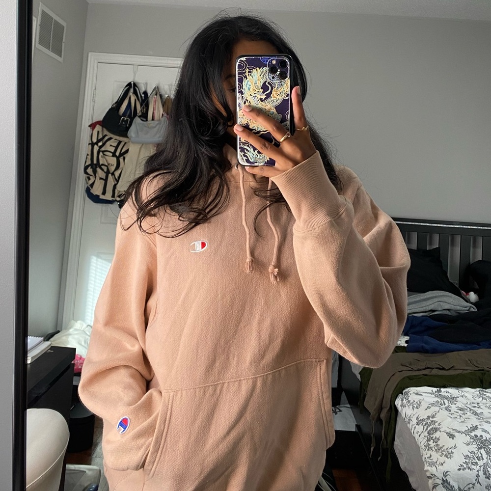 pink champion hoodie from urban outfitters